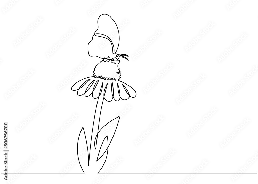 Beautiful flower with butterfly. Continuous one line sign drawing ...