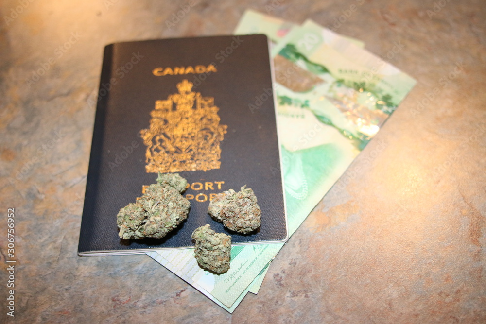 Legalization of cannabis for recreational use in Canada. The national Canadian flag made of dry weed against the brown wooden background. The image symbolizing the country's legal marijuana laws