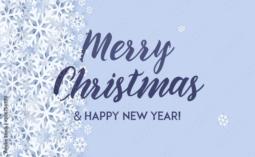 Merry Christmas and happy New Year Greetings card. White 3d snowflakes and calligraphy between them Merry Christmas and happy New Year Greetings card. White 3d snowflakes and calligraphy between them
