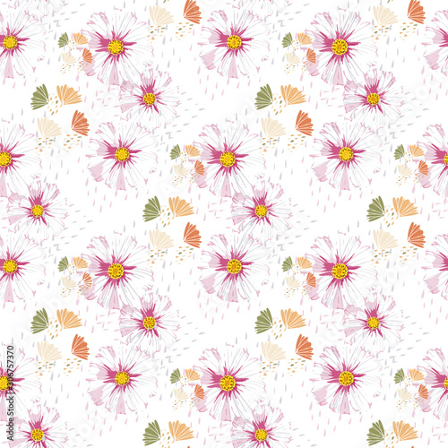 Abstract grunge shapes and flowers wild chamomile seamless pattern. Daisy flower vector background.