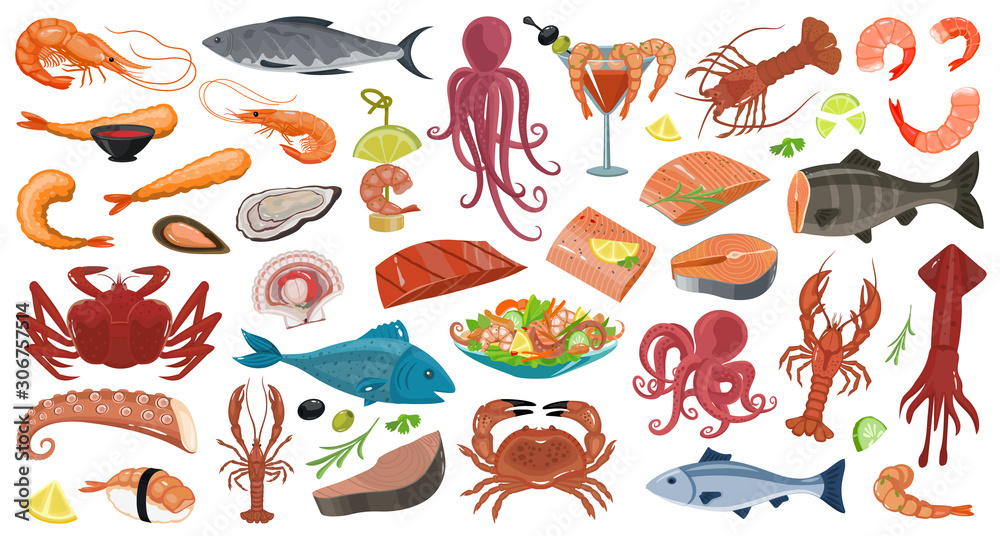 Seafood vector cartoon set  illustration icon fish food on white   cartoon set seafood. Stock Vector | Adobe Stock