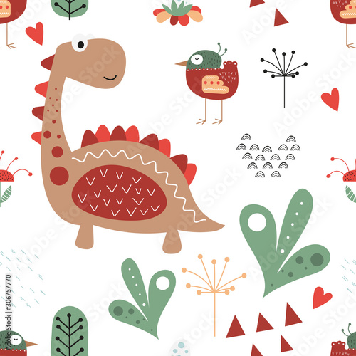 Seamless pattern with hand drawn dinosaur, plant and bird in scandinavian style. Vector Illustration. Kids illustration for nursery design. Dino style trendy for baby clothes, wrapping paper.