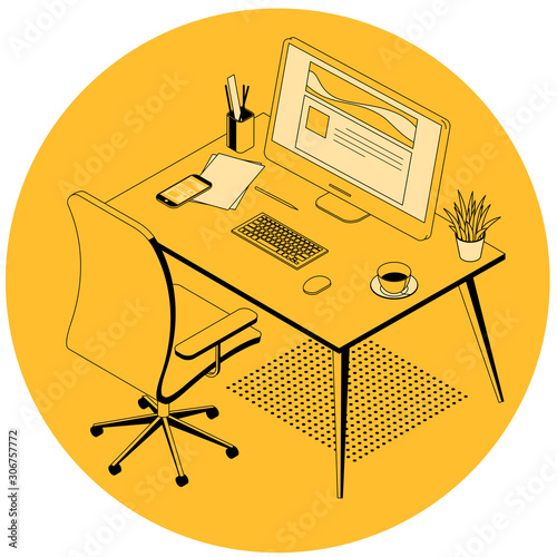 Flat design isometric office and coworking workplace. Vector concept for poster, banner, icon, presentation and mobile app.