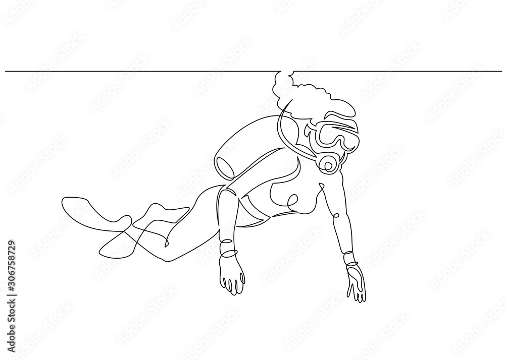 Continuous single one drawn scuba diver line underwater in the sea. The concept of sport is a journey of scuba diving.