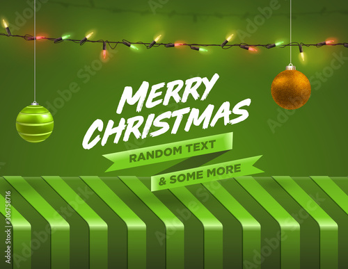 3d trendy christmas theme banner with glowing string light cover illustration, realistic room studio table vector