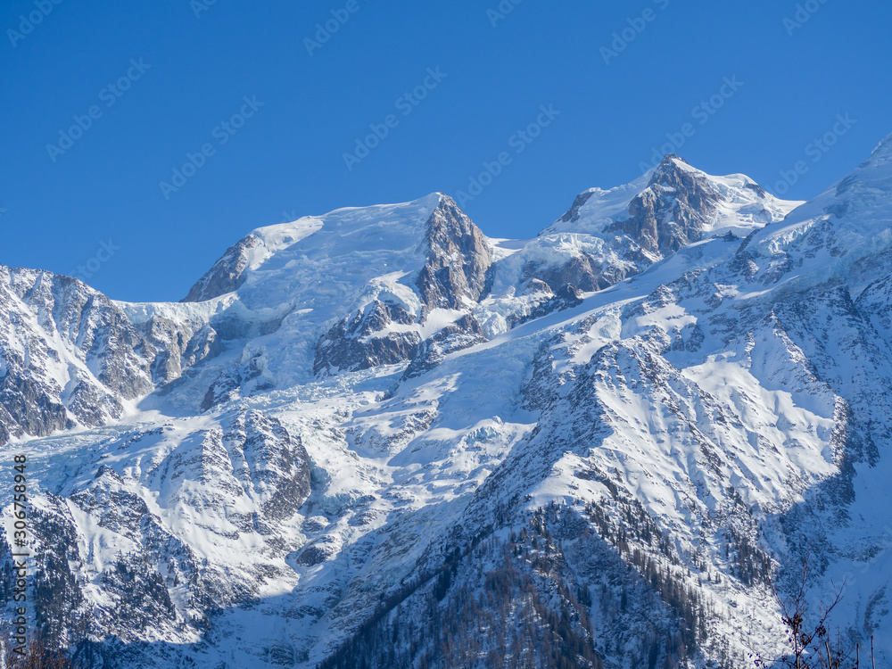 Amazing landscape at the perennial glaciers of the Mont Blanc on the French side