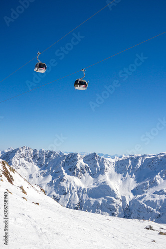 Two Gondola cable car cabins in Alps in Solden, Tirol, Austria