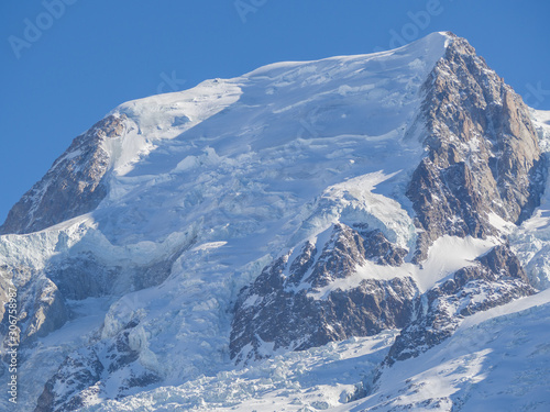 Amazing close up to the perennial glaciers of the Mont Blanc range on the French side. Ice and fresh snow. Wonderful landscape