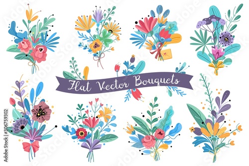 Bouquets. Garden blooming flowers, colorful floral bundle bouquets in vases. Bundle flower rose, mimosa and peonies, hortensia vector set