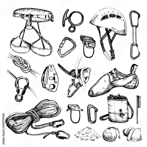 Hand drawn climbing equipment set. 