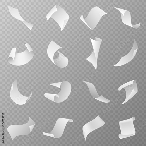 Flying papers. Blank white paper sheet falling down with curved corners. Pages in loose flight, scattered empty sheets realistic vector set