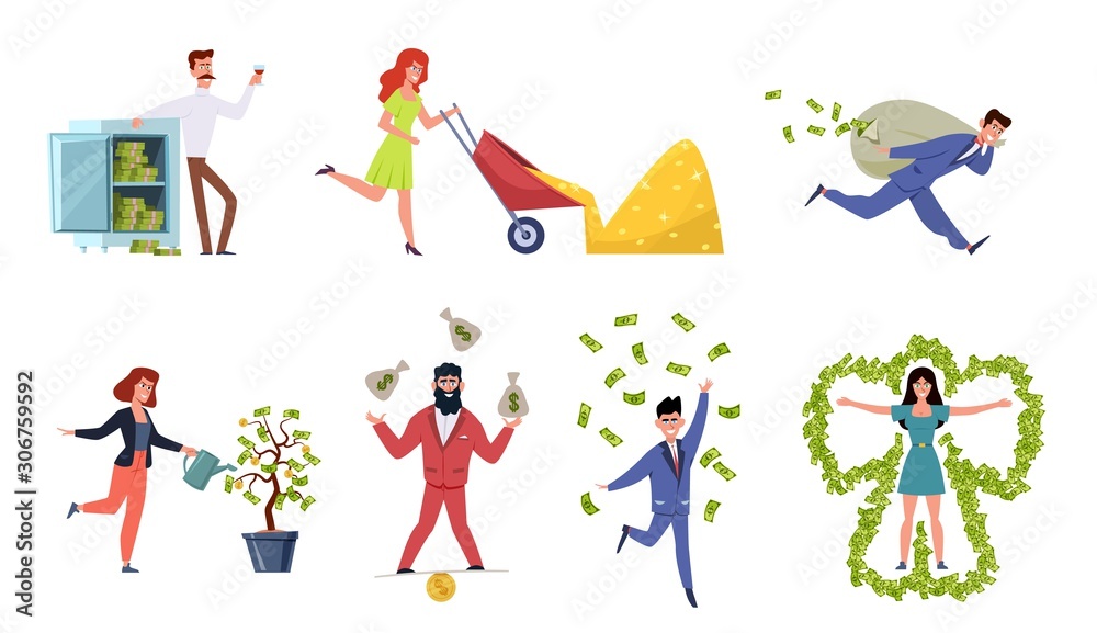 Rich people. Wealthy woman and millionaire man bathing in money, happy businessman magnate cash banknote dollar cartoon vector set Rich people. Wealthy woman and millionaire man bathing in money, happy businessman magnate cash banknote dollar cartoon vector set