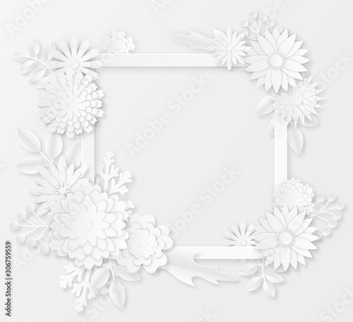 Paper flowers. White paper origami flowers creative composition bouquet, petals sakura ornament handmade, wedding floral template vector set