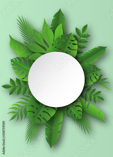 Paper tropical leaves. Papercut summer beach exotic pulm decoration vector round banner