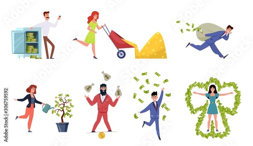 Rich people. Wealthy woman and millionaire man bathing in money, happy businessman magnate cash banknote dollar cartoon vector set