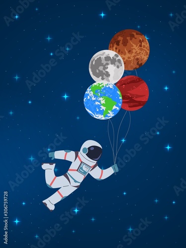 Cartoon cosmonaut with planets. Funny character astronaut holds in hand abstract sky planet balloons vector child cute card