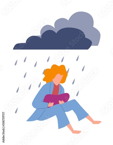 Young lonely sit. Unhappy teenager girl or woman depressed mind thinking alone isolated vector illustration