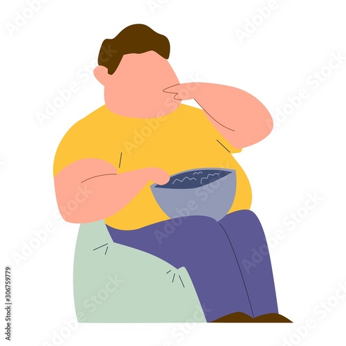 Eating addiction. Mental ill addict fat man sitting in chair and eating fast food color vector concept