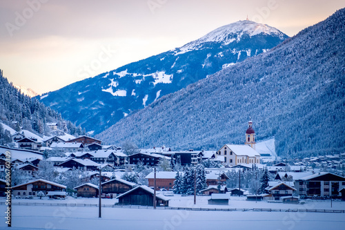 Winter morning cityscape in the Austrian town of Neustift.