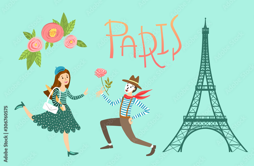 Obraz premium Paris vector illustration. cute picture with The Eiffel Tower, girl and mime.