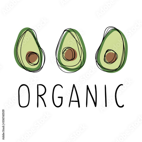 Hand drawn avocado sketch on a white background with eco slogan. Fresh organic. Vector illustration with fruit. Perfect as print for t-shirt, bag, card and other.