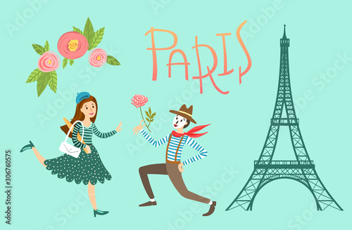 Paris vector illustration. cute picture with The Eiffel Tower  girl and mime.