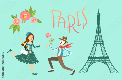 Paris vector illustration. cute picture with The Eiffel Tower, girl and mime.