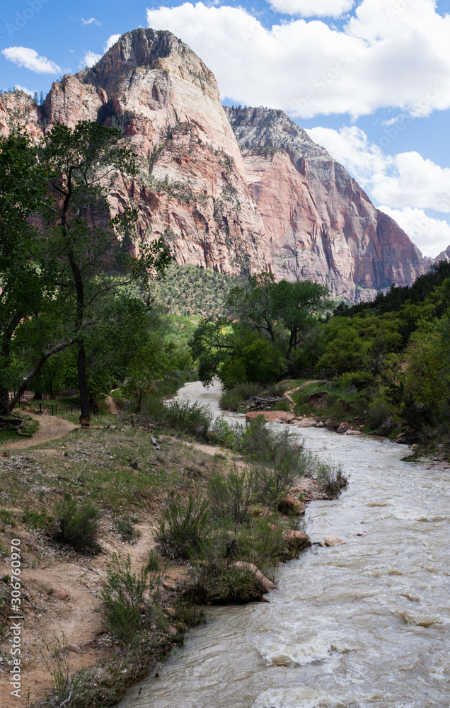 The Watchman and the Virgin river running through Zion Canyon at Zion National Park - Utah, USA