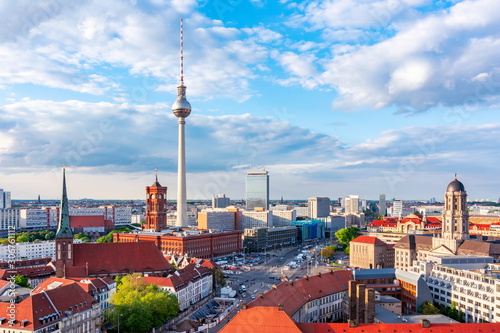 Berlin cityscape with Television tower and Red Town Hall  Rotes Rathaus  on Alexanderplatz  Germany