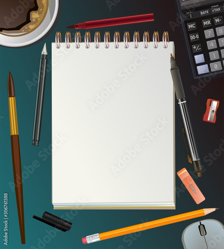 Office desk. Vector. Office workplace . Creative chaos. Ticket for the text. Frame. Pencils, pens, paper clips. Banner, poster, web page. Top view of the workspace. Business, finance, calculation.