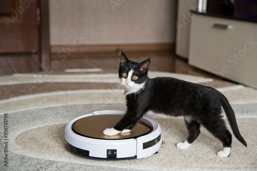 A black cat plays with a robotic vacuum cleaner that cleans the floor.pet playing with robot vacuum cleaner