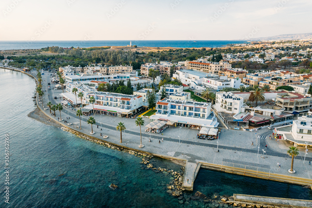 Aerial view of Paphos embankment from water. Famous Cyprus mediterranean resort.