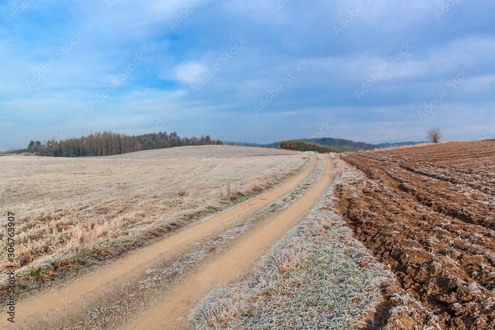 Frosty morning in the Czech countryside. Hoarfrost on meadow. Cold morning. Frozen landscape.