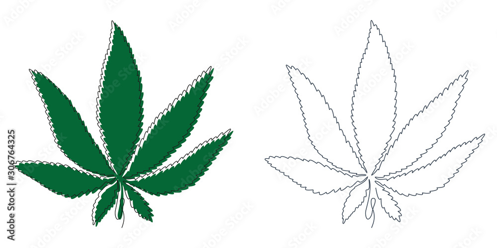 2 cannabis leaves drawn in one line with and without a green substrate on a white background. Vector.