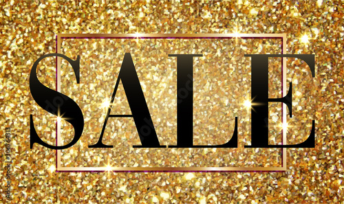 Sale banner poster with golden glitter shining background, shopping discount advertising, flyer, marketing and selling, vector illustration.