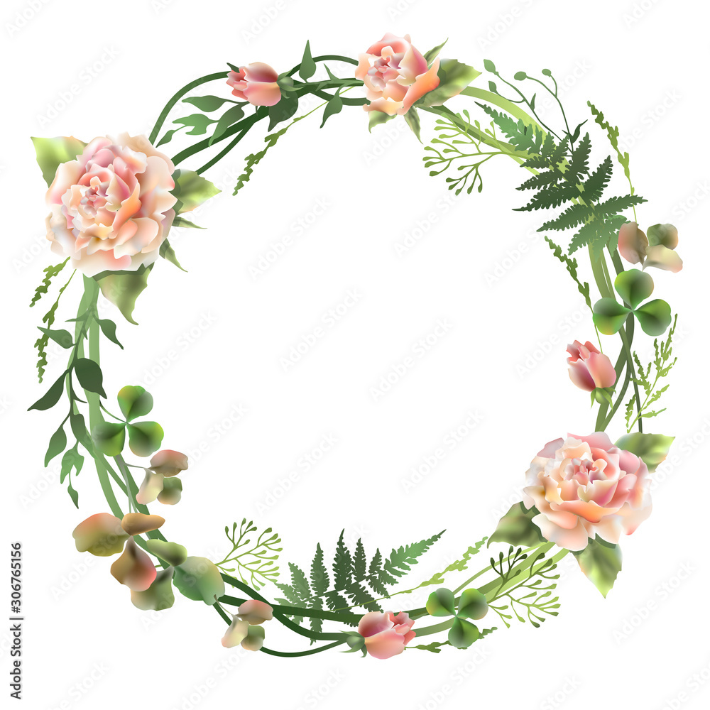 Floral wreath with roses in pastel colors. Vector illustration.