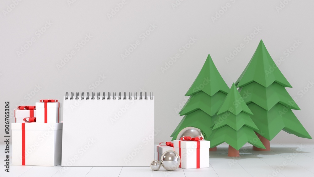 3d render image of blank calendar paper for next year goal decorate with Christmas ornament scenes.
