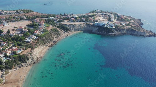 Coral Bay Beach Aerial View. Famous Cyprus beautiful coastline with azure Mediterranean sea water and sandy beach, drone shot