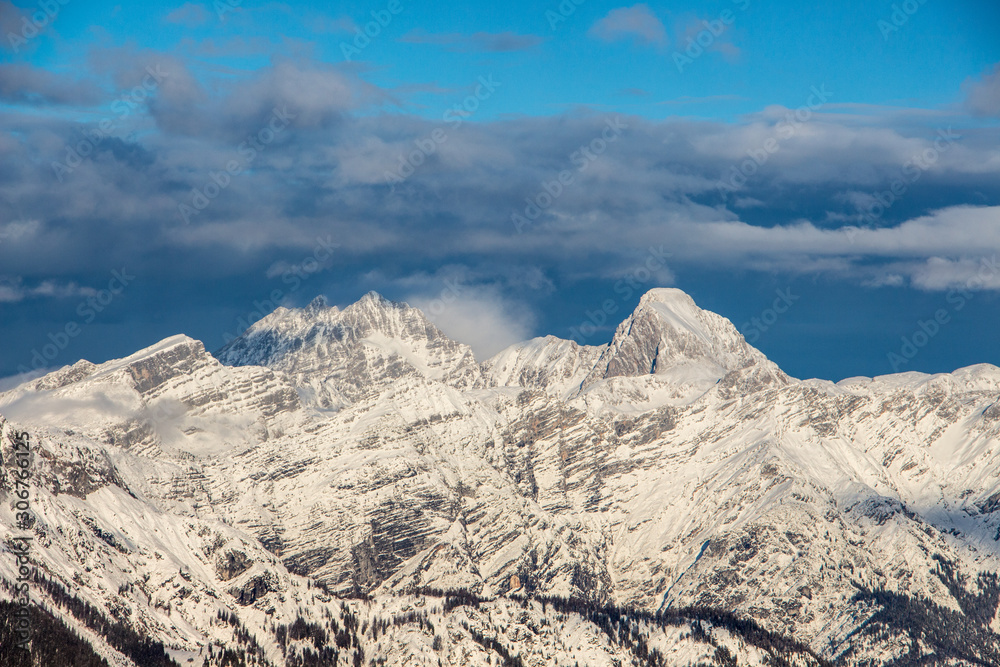 Mountain portrait watzmann Saalbach dramatic clouds perfect blue sky light scenic mood