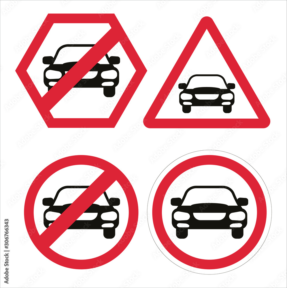 Stop car. Road sign. Day without a car. Set vector transports. Collection road sign icons. Lifestyle without automobile.