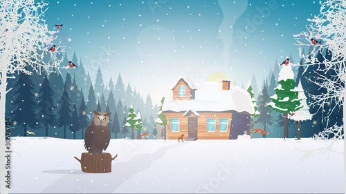 Christmas beautiful banner and background. Wooden country house, chalet in the forest. Forest with a house and wild animals. Owl, fox, deer, christmas tree, forest. Winter holidays, christmas holidays