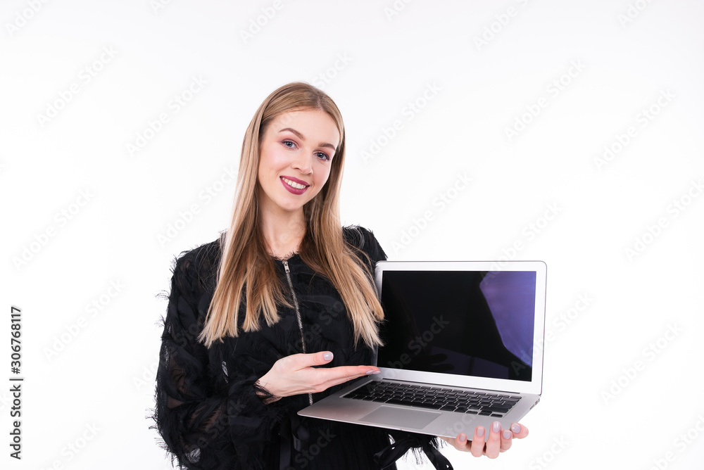 Girl with laptop.Mockup with notebook. Communication network. Laptop screen. Girl with laptop.Mockup with notebook. Communication network. Laptop screen.