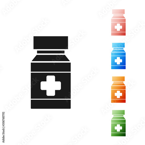 Black Dog medicine bottle and pills icon isolated on white background. Container with pills. Prescription medicine for animal. Set icons colorful. Vector Illustration