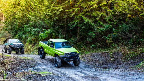 British Columbia, Canada. Off-road monster truck in the forest.