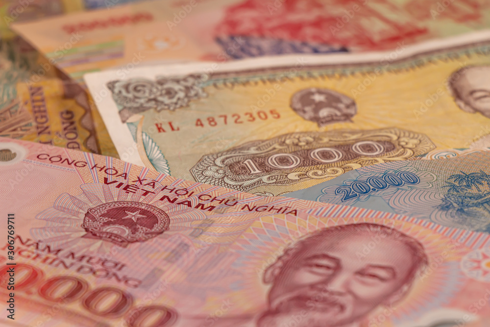 Fototapeta premium A composition of Vietnamese dong VND banknotes
