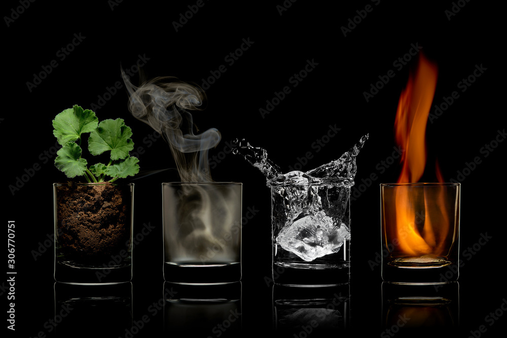 Four elements concept in glasses. earth, air, water, fire. Stock Photo |  Adobe Stock