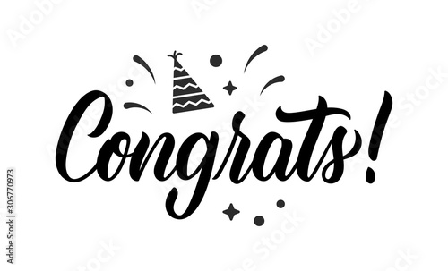 Congrats. Trendy calligraphy inscription in black ink with decorative elements. Vector