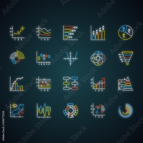 Chart and graph neon light icons set. Pie diagram. Histogram. Area chart. Venn diagram. Pareto curve. Temperature map. Polar watch. Scatter chart. Glowing signs. Vector isolated illustrations