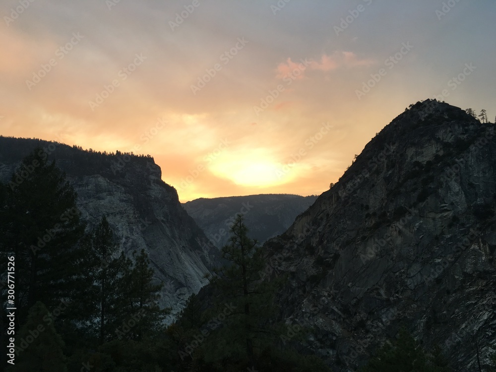 Sunset in Yosemitty Mountains from John Muir Trail, Yosemite National Park, California, USA. Fall, September