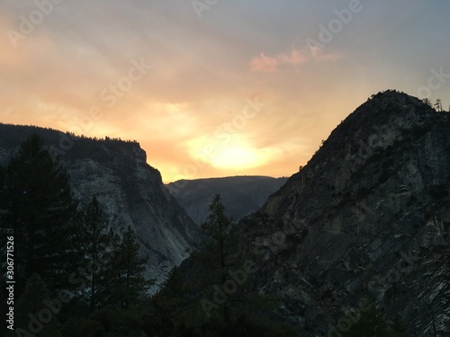 Sunset in Yosemitty Mountains from John Muir Trail, Yosemite National Park, California, USA. Fall, September